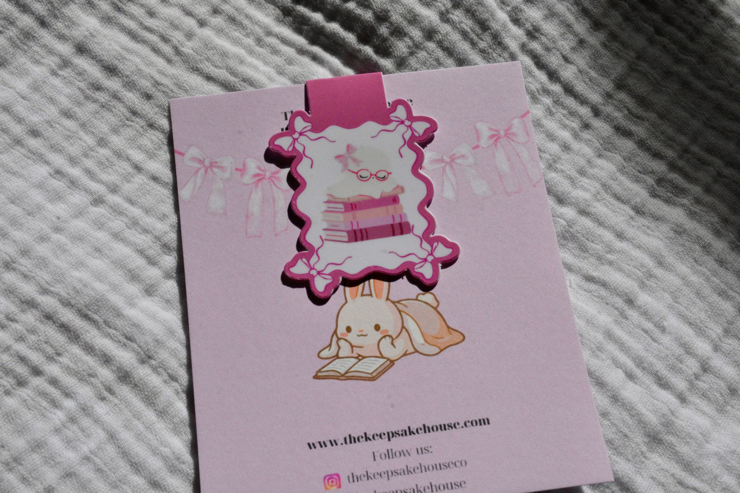 Handmade kawaii sleeping ghost magnetic bookmark in a pink gingham heart on a pink Keepsake House backing card