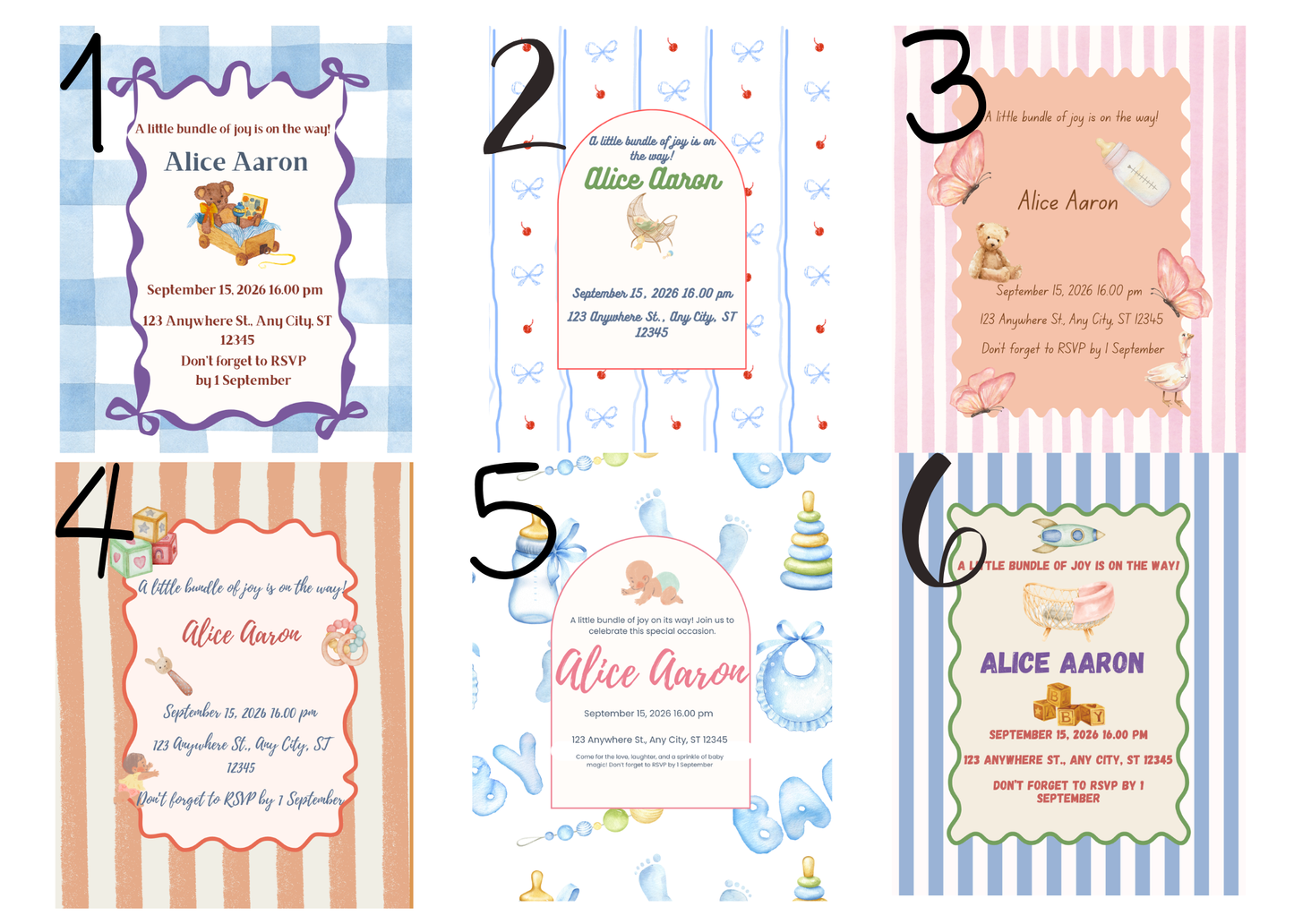Available collection of six colorful baby shower invitations samples with different designs and text.