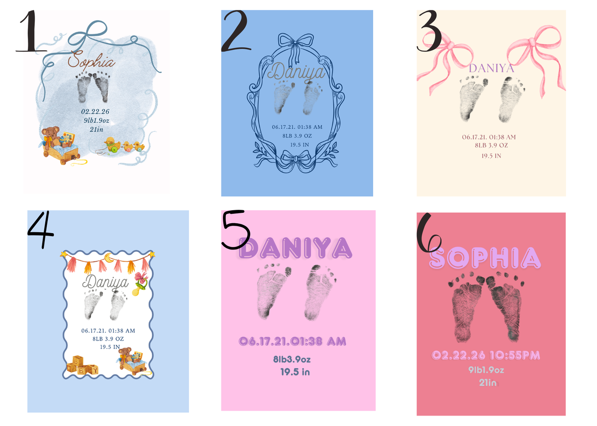 Collage showing custom design choices for newborn footprint magnets.