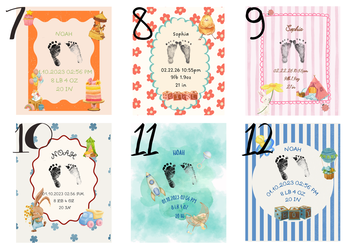 Design options collage for personalized baby footprint keepsakes.