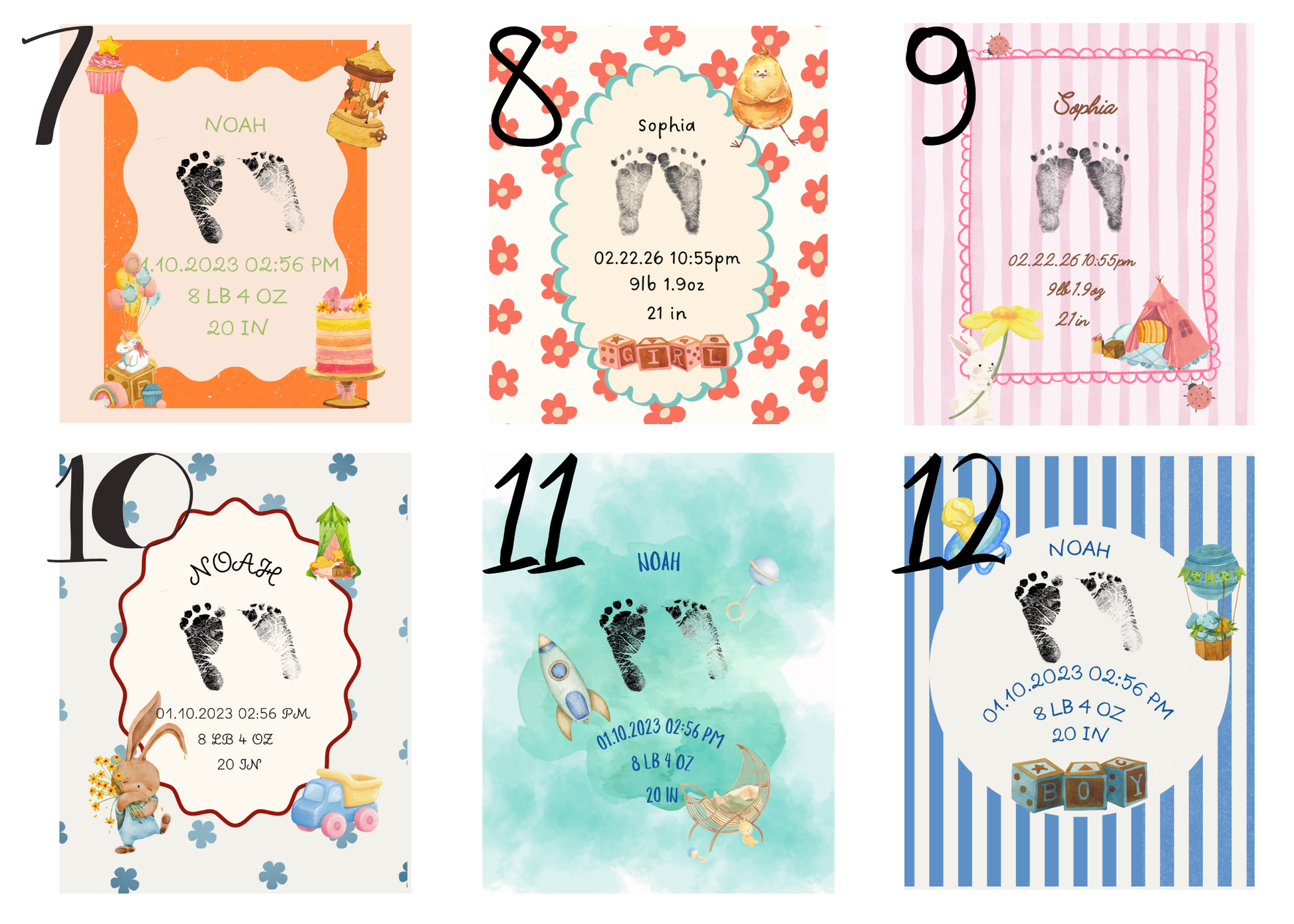Design options collage for personalized baby footprint keepsakes.