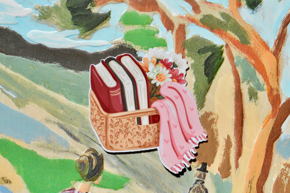 book basket sticker on colorful background