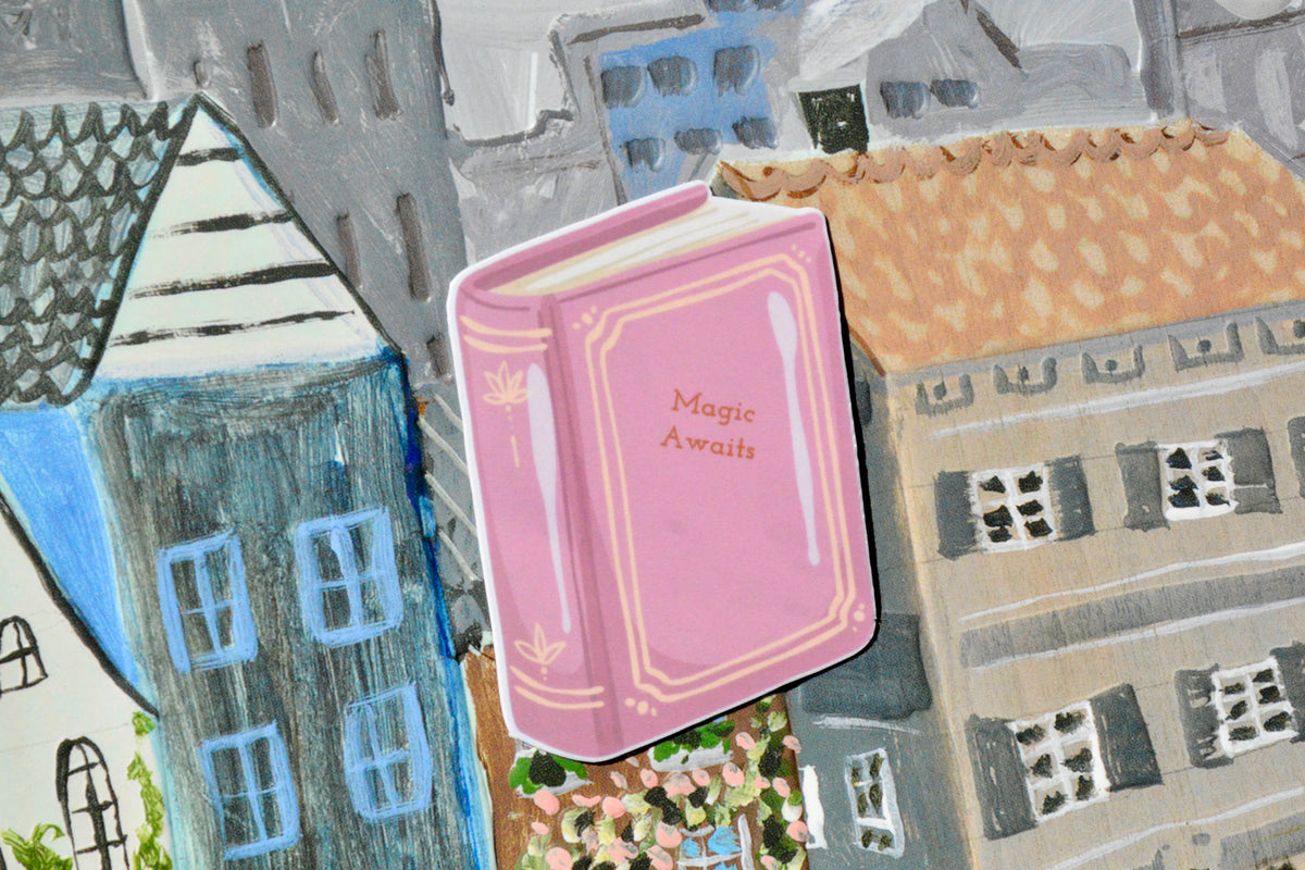 pink small sticker magic awaits on the colorful background
