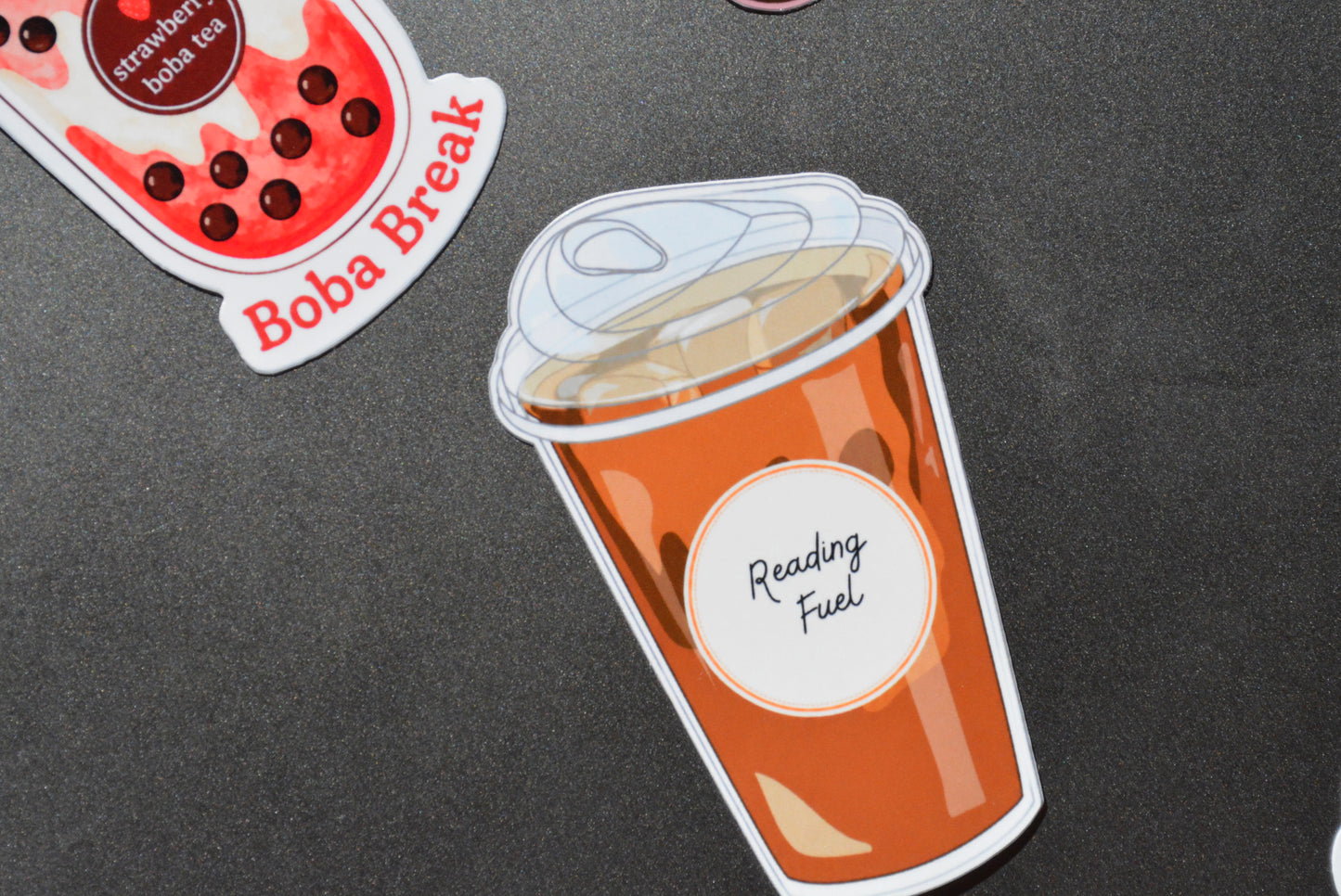 Reading Fuel Sticker with Boba Break Sticker together 