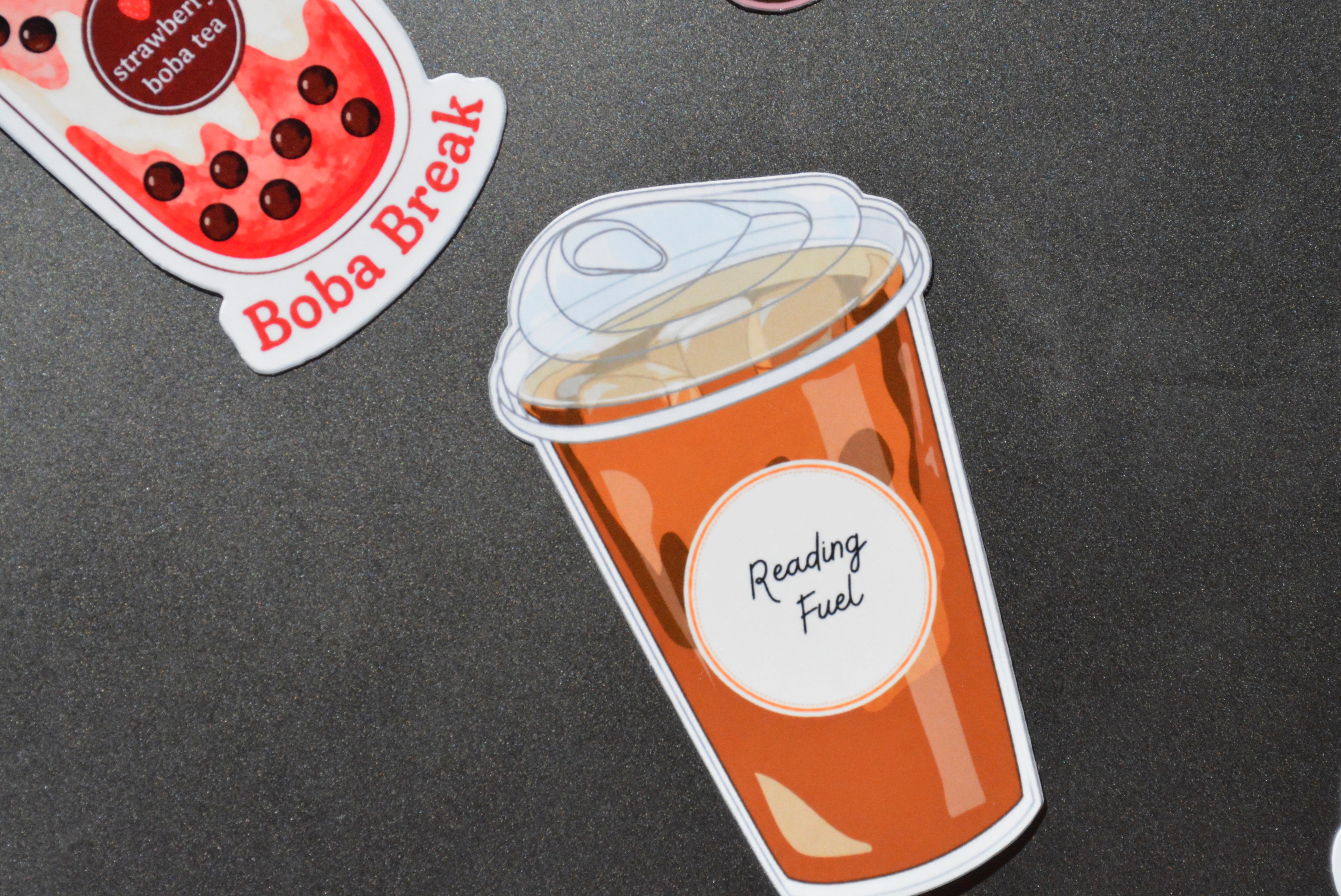 Reading Fuel Sticker with Boba Break Sticker together 