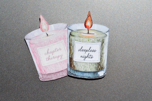 Chapter Therapy and Sleepless Nights holographic bookish candle stickers on a glittery background