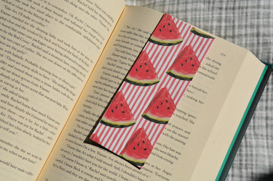 Double-sided linen bookmark featuring a watercolor watermelon pattern on premium linen cardstock.