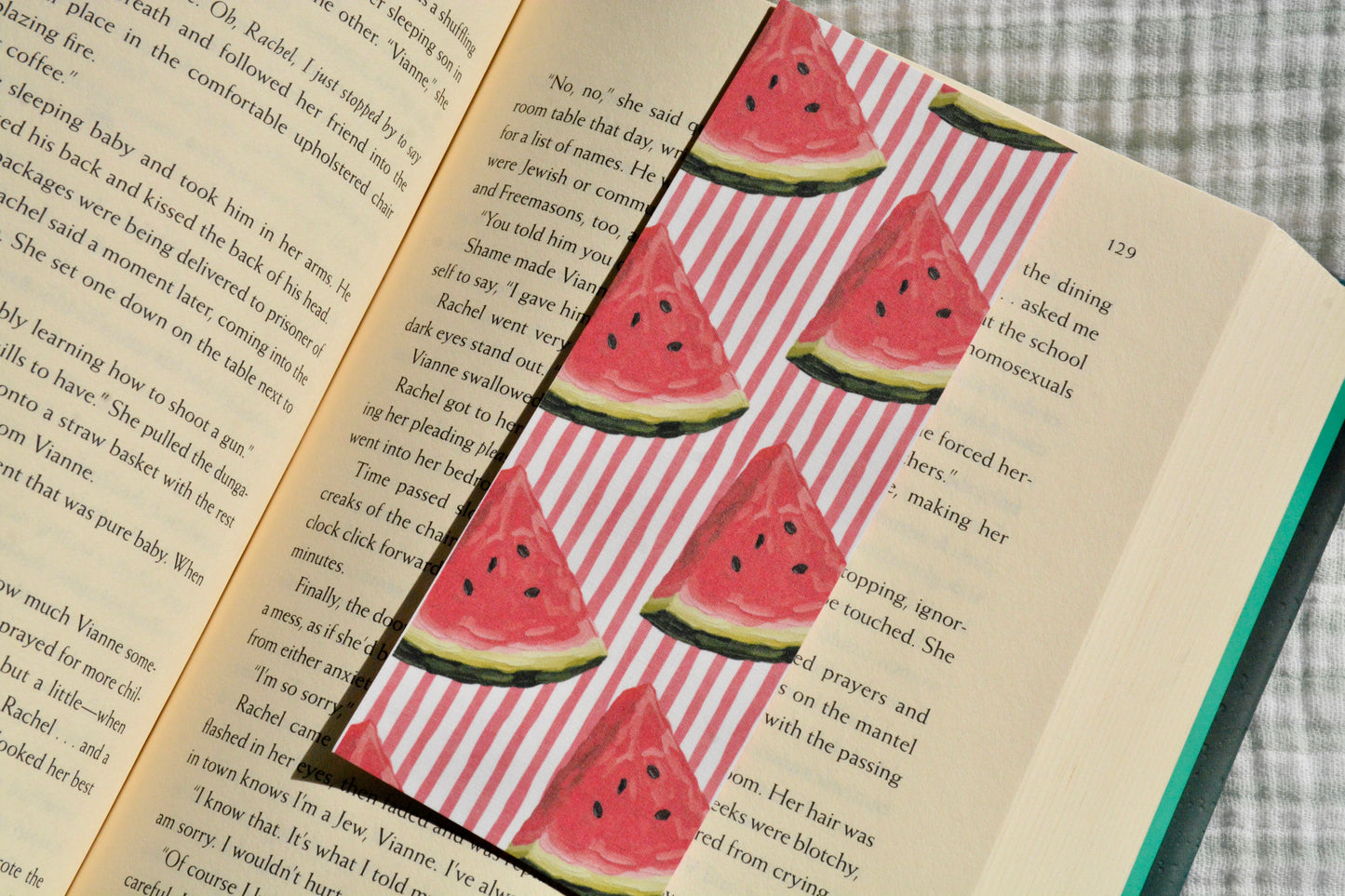 Cute watermelon-themed linen bookmark with a vibrant double-sided design for book lovers.