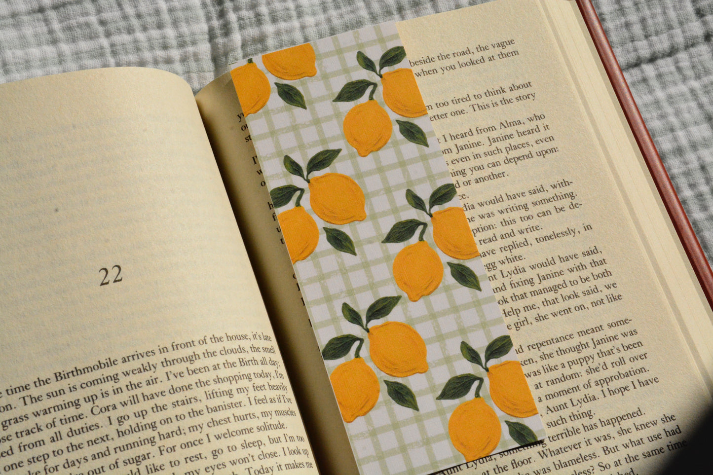 Double-sided linen bookmark printed on premium linen cardstock, available with rounded or square corners.

