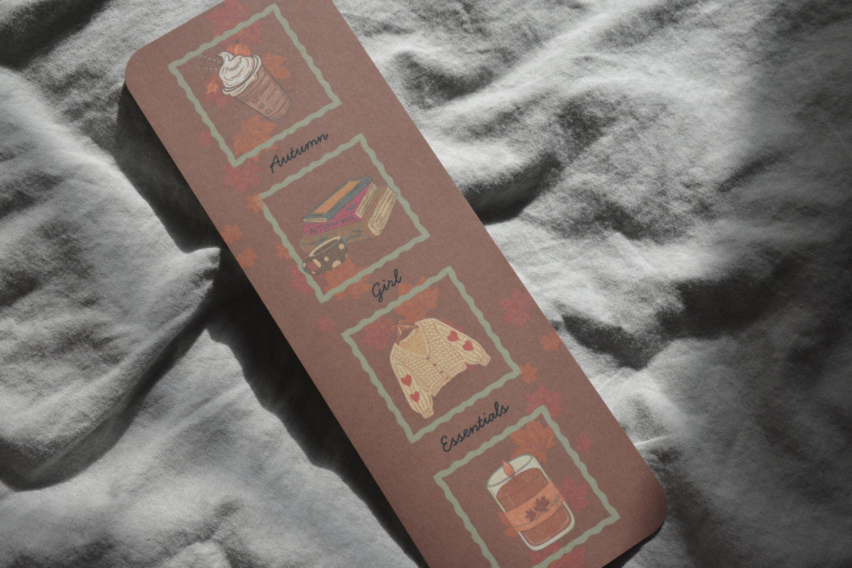 Autumn Girl Essentials Linen Bookmark | Double-Sided Book Lover Bookmark