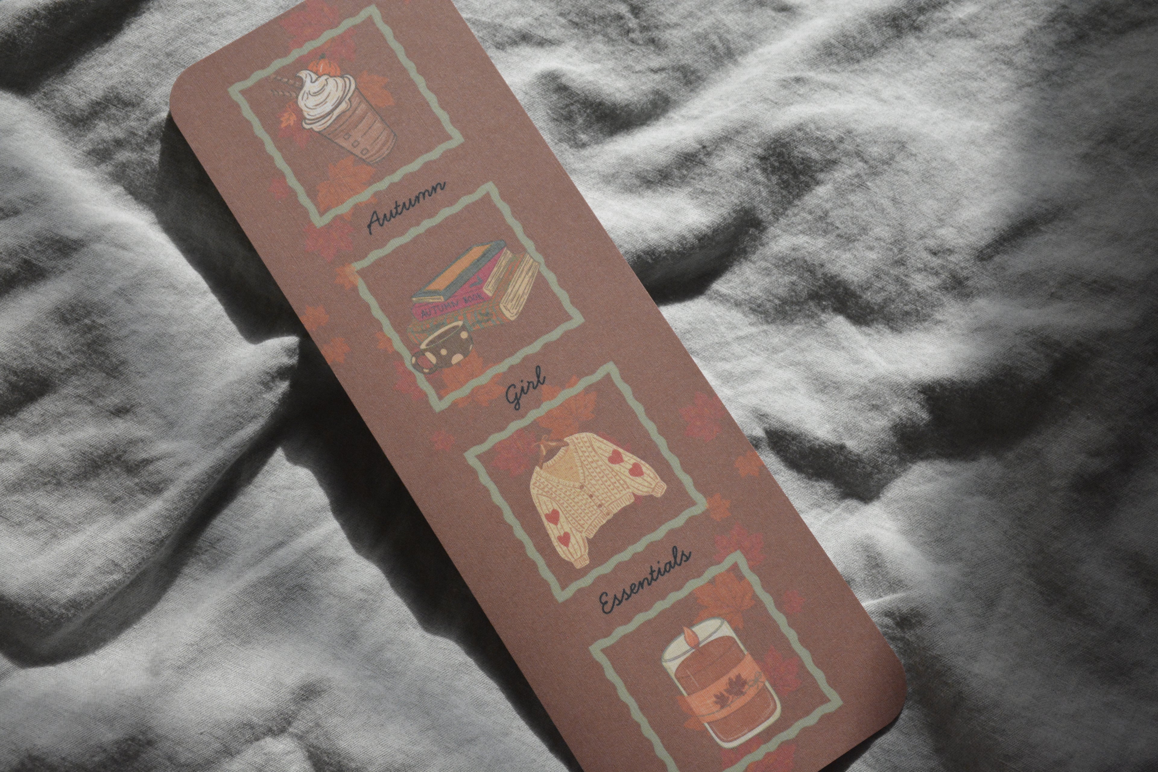 Autumn Girl Essentials Linen Bookmark | Double-Sided Book Lover Bookmark