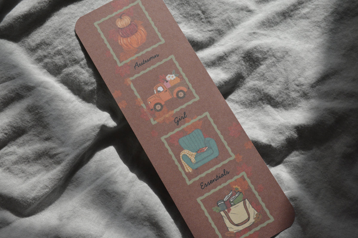 Autumn Girl Essentials Linen Bookmark | Double-Sided Book Lover Bookmark