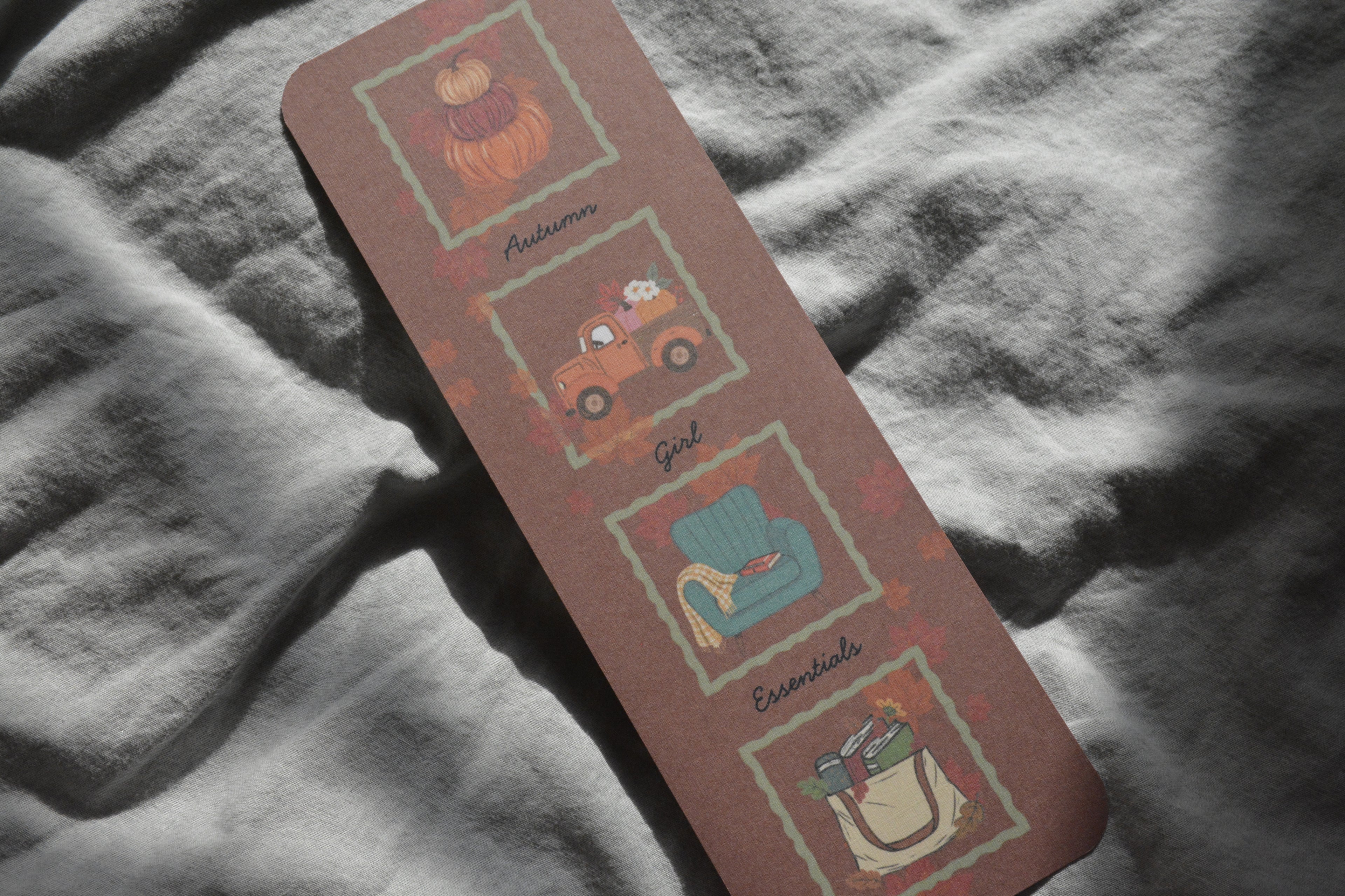 Autumn Girl Essentials Linen Bookmark | Double-Sided Book Lover Bookmark