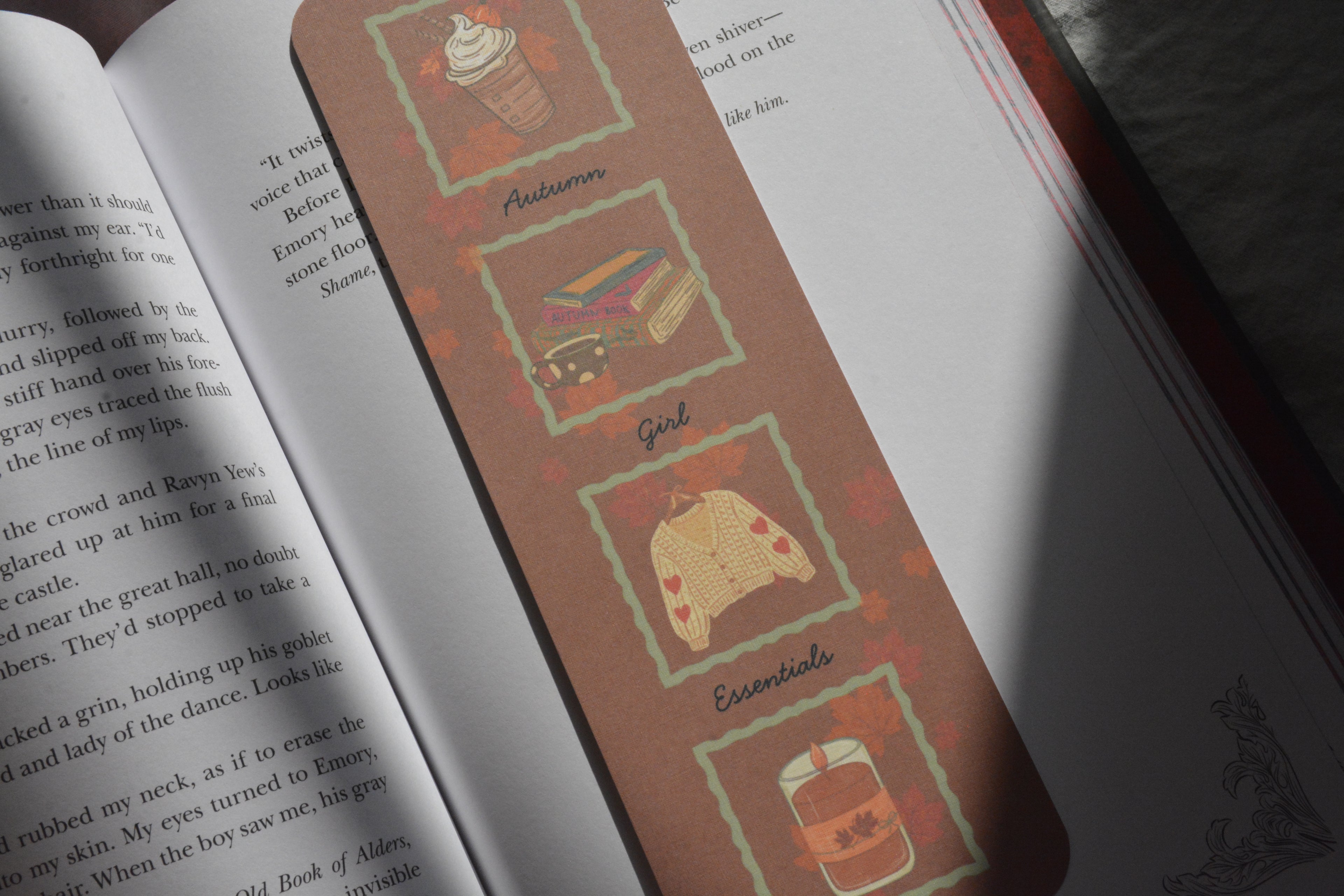 Autumn Girl Essentials Linen Bookmark | Double-Sided Book Lover Bookmark