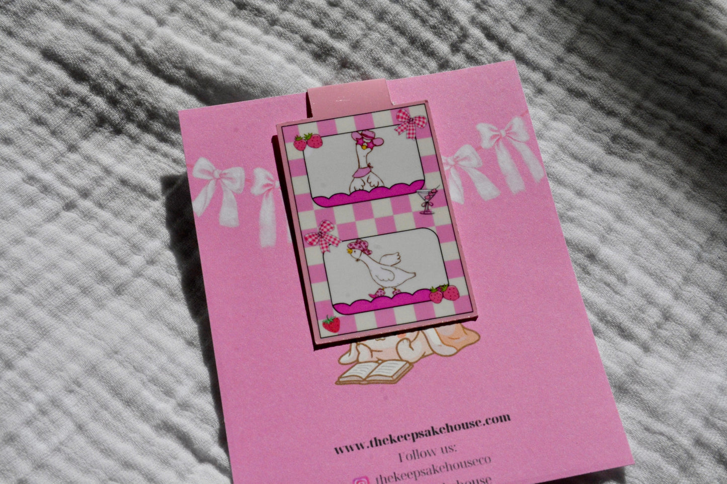 Handmade silly goose magnetic bookmark with pink checkered and strawberry design on a pink Keepsake House backing card