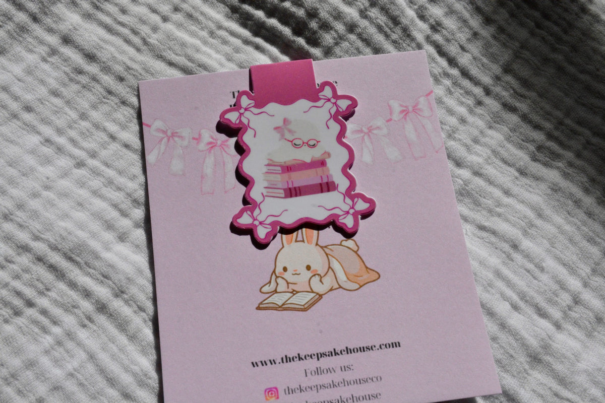 Handmade kawaii sleeping ghost magnetic bookmark in a pink gingham heart on a pink Keepsake House backing card