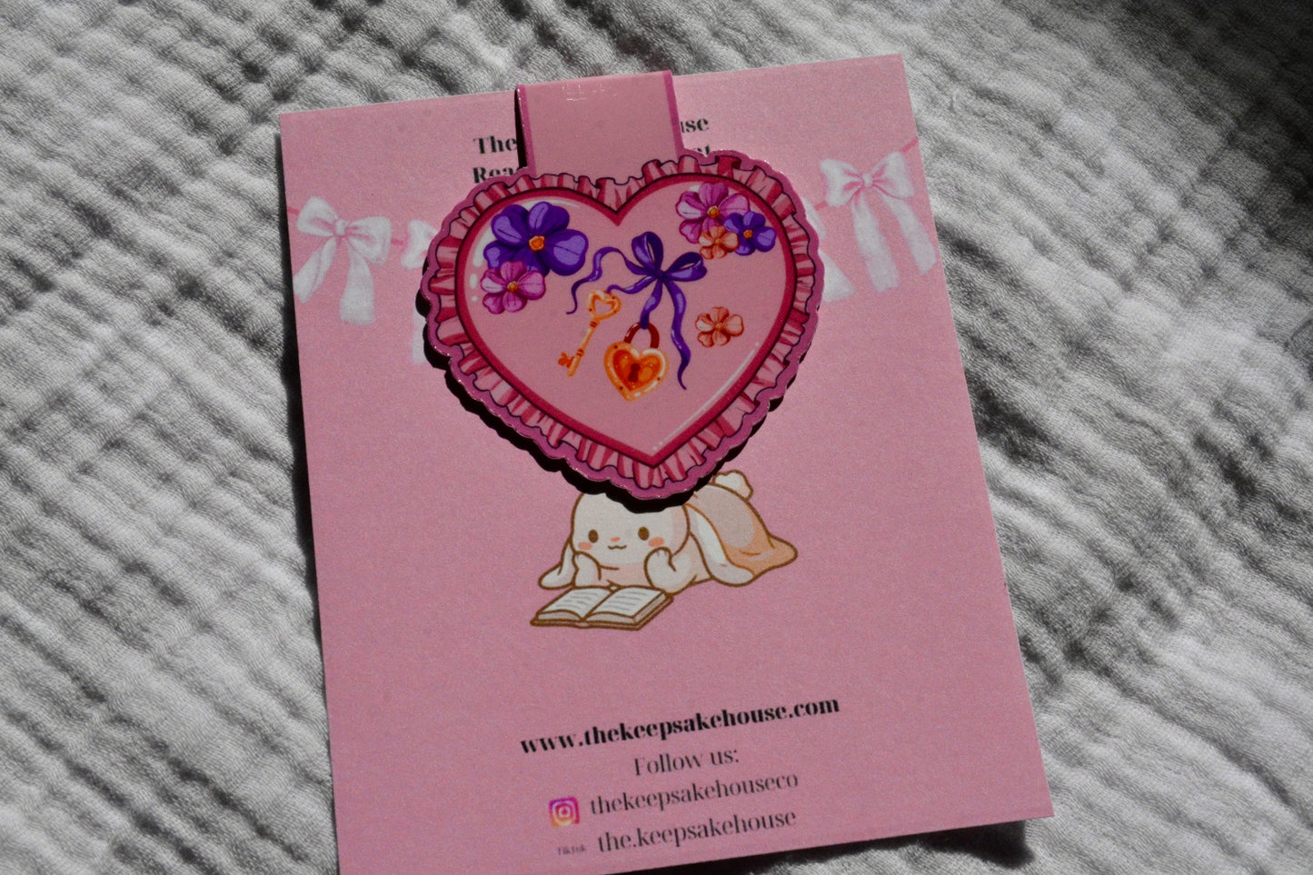 Handmade blooming heart magnetic bookmark with florals and ribbon on a pink Keepsake House backing card
