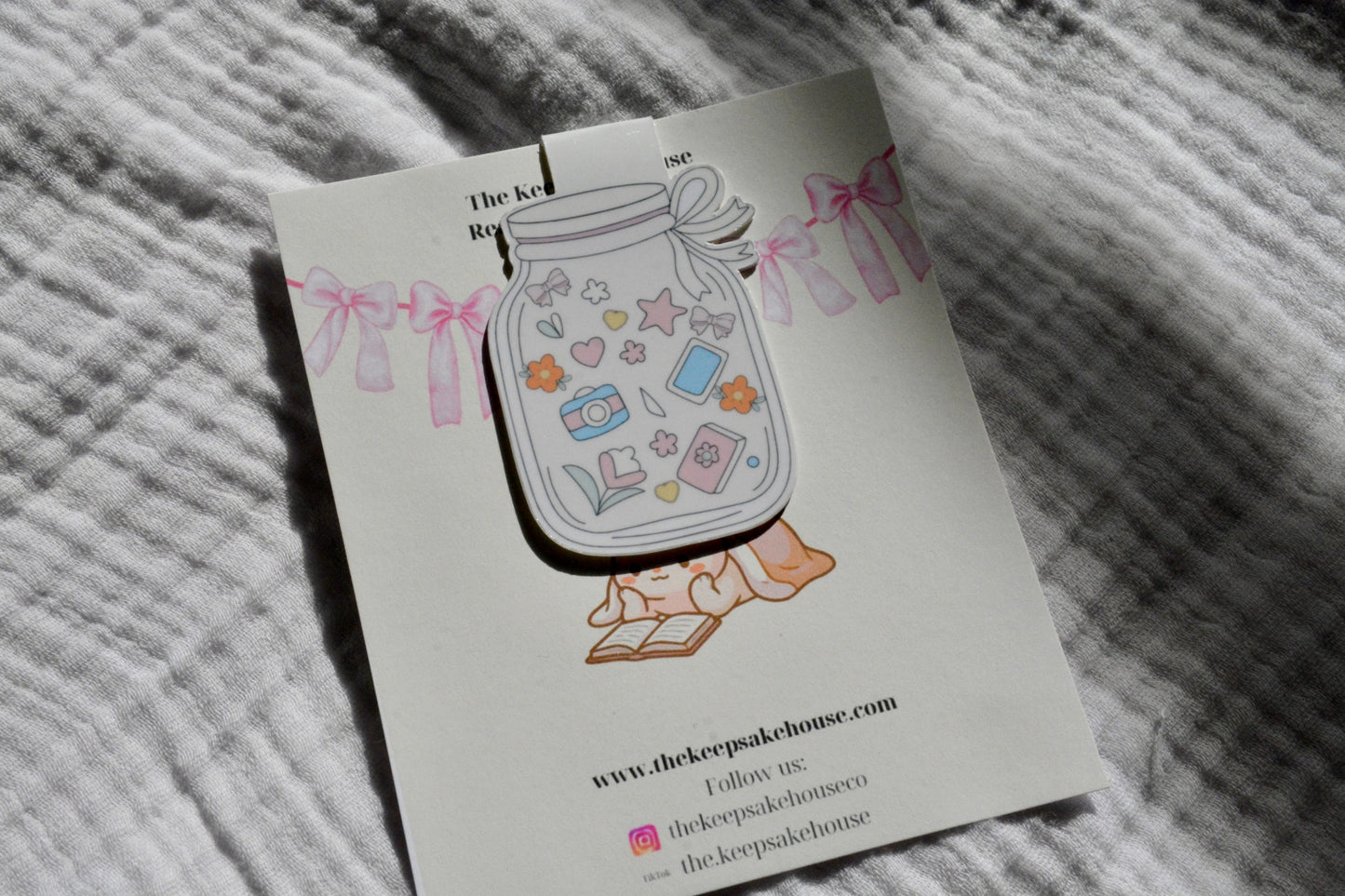 Handmade mason jar of goods magnetic bookmark on a cream Keepsake House backing card