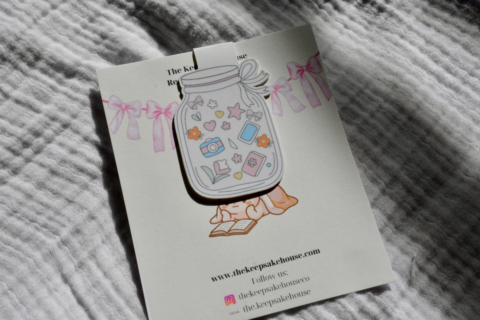 Handmade mason jar of goods magnetic bookmark on a cream Keepsake House backing card