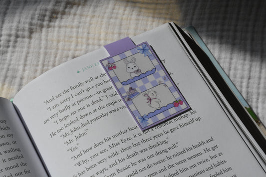 Handmade magnetic bookmark featuring a cute reading bunny rabbit on a pink Keepsake House backing card