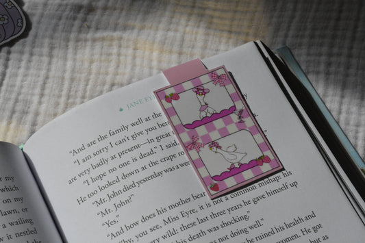 Handmade magnetic bookmark featuring a silly goose design on a pink Keepsake House backing card
