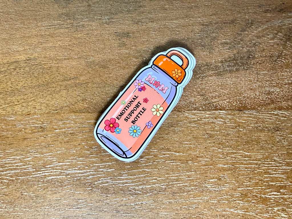 Pastel Emotional Support Bottle sticker featuring a floral water bottle illustration with a transparent laminate finish.