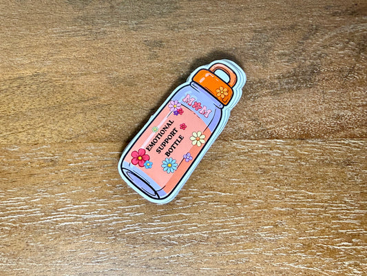 Pastel Emotional Support Bottle sticker featuring a floral water bottle illustration with a transparent laminate finish.