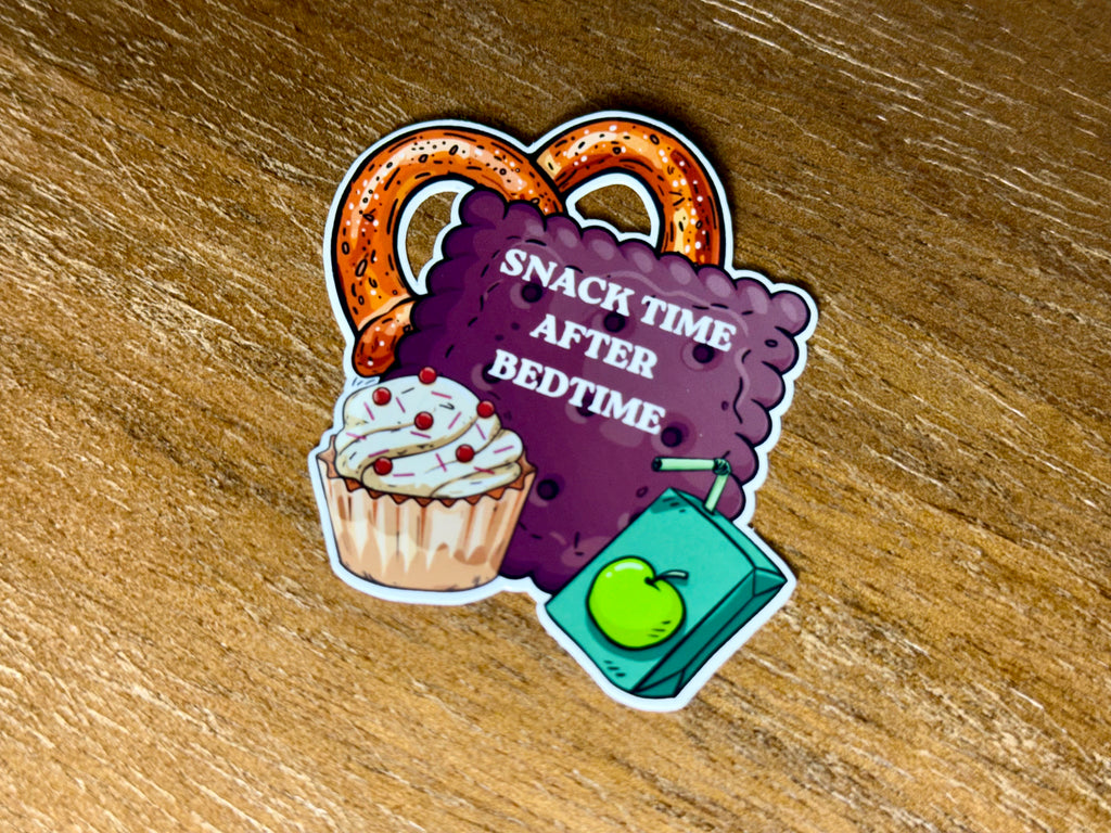 Cute "Snack Time After Bedtime" sticker featuring a brownie, pretzel, cupcake, and juice box with a transparent laminate finish.