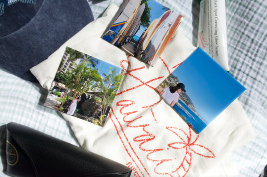 Custom 3x3 photo magnets with vacation travel photos on checkered background