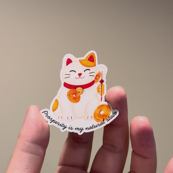 Video shows lucky cat glitter affirmation sticker with the quote "Prosperity is my natural state."