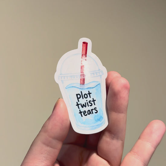 Plot Twist tears sticker showcased from different angles