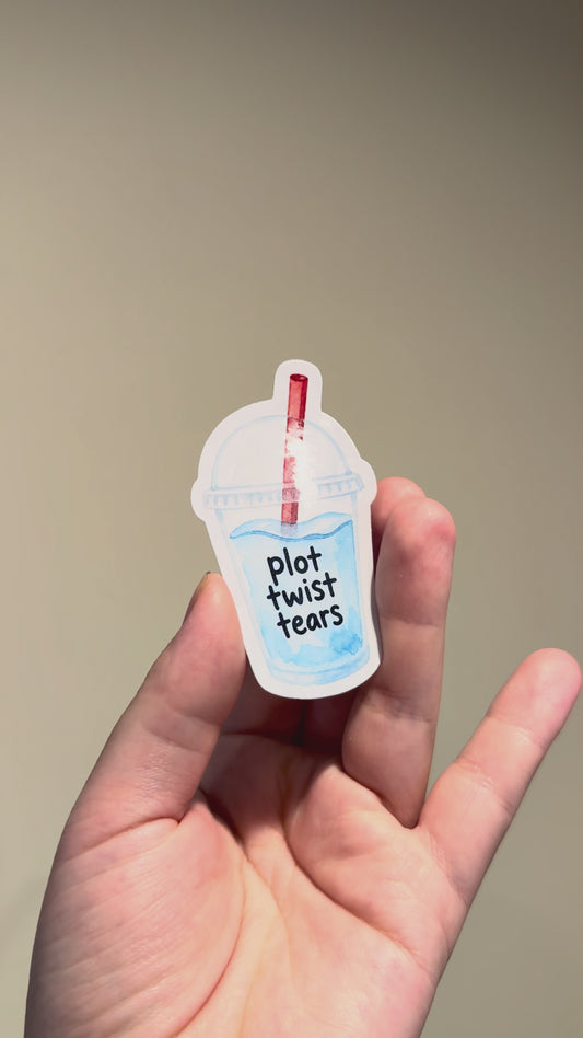 Plot Twist tears sticker showcased from different angles